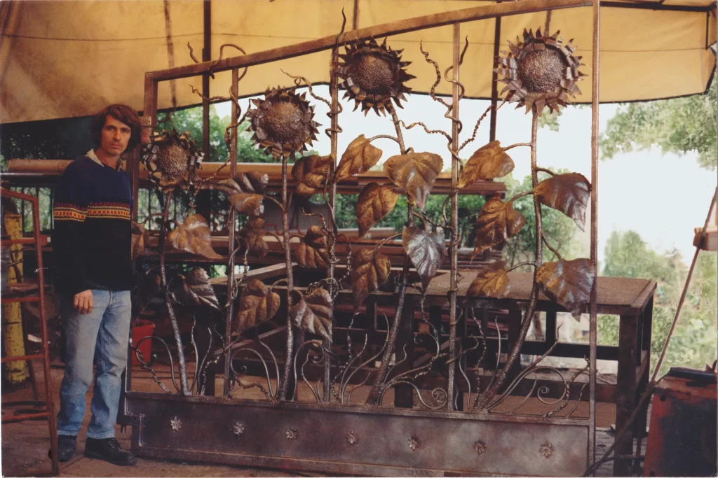 STEEL SUNFLOWER GATE IN MY OUTDOOR STUDIO TOPANGA CA